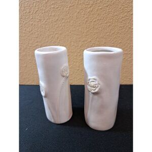 Pair Of White Ceramic Flower Bud Vases With Raised Floral Design